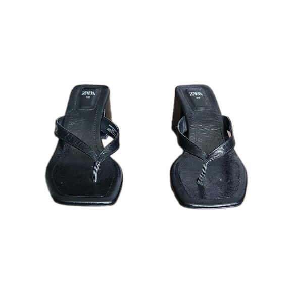Nwot Zara Women's Black Patent Square Toe Block Heel Thong Sandals Size 39 - Picture 2 of 9